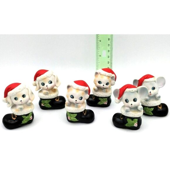 Christmas Animals Homco Ceramic Mouse Puppy Kitten Figures Santa Boots 1960s - Picture 1 of 16
